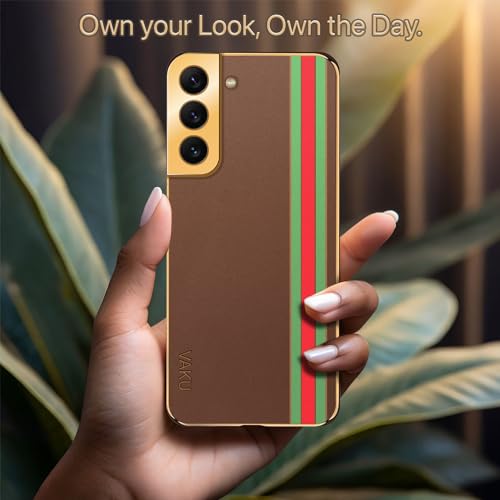 Image of Vaku Luxos Felix Line Back Cover for Samsung Galaxy S22 5G with Leather Pattern Gold Electroplated Soft TPU Cover Shockproof Protective Case - Brown