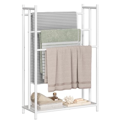 HOOBRO Handtuchleiter, freistehender Handtuchständer, 3-stufiger, trapezförmiger Handtuchhalter mit Gitterboden und verstellbaren Füßen, vielseitiger Kleiderständer für Bad, Wohnzimmer, Weiß EWT09LB01