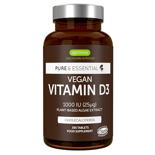 Igennus Pure & Essential, Vitamina D3 Vegana Suministro para 1 año, 1000 UI, Algas Naturales de Origen Vegetal, Comprimidos pequeños para Niños y Adultos
