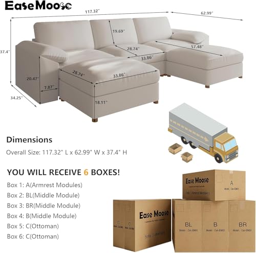 Image of EASE MOOSE Oversized Faux Leather Modular Sofa with Deep Seat,Extra Large Sectional U Shaped Couch for Living Room,Comfy Scratch Resistant Couch,Modern Sofas with Ottoman,Beige