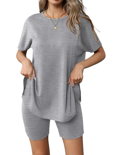 Image of Ekouaer Women's 2 Piece Lounge Set 2026 Summer Biker Shorts Set Outfits Short Sleeve Oversized Top Matching Tracksuit