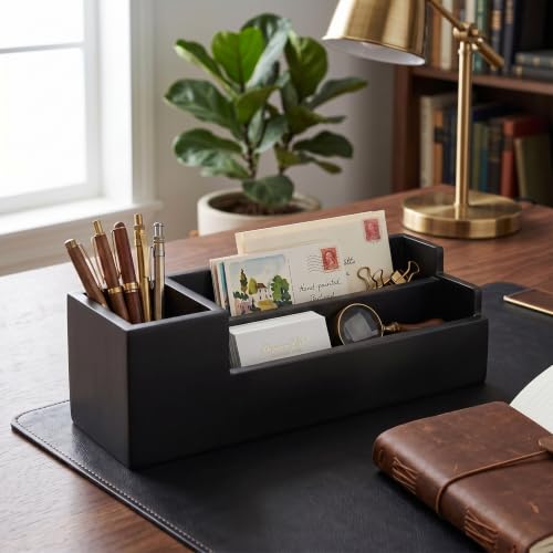 Image of Wooden Desk Organiser with Pen Holder, Mobile & Tablet Stand, Card Holder - Multi-Compartment Office Desk Organizer for Study Table, Bedside Table & Living Room |Black Finish