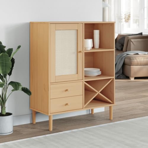 WRJENFSC Highboard SENJA 90x40x112 cm Kiefernholz UV-Lack Rattan-Optik...