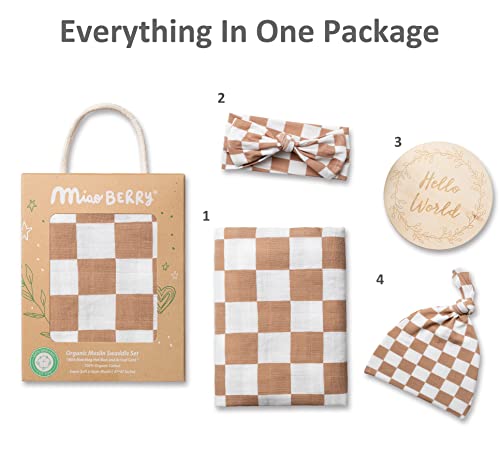 Miaoberry 100% Organic Muslin Swaddle Set| Checkered In Coffee Latte With Matching Hat/Headband #TOP3