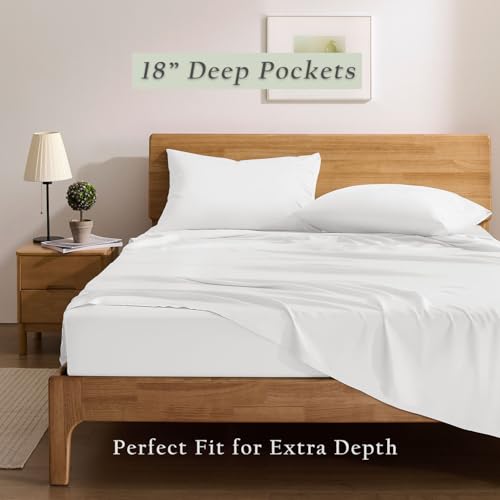 TOSMO Luxury Cooling Sheet Set - 100% Viscose from Bamboo, 4-Piece Bedding Set (King Size) - 18” Extra Deep Pockets, Oeko-Tex Certified, Silky Soft and Breathable, Classic White - Image 6