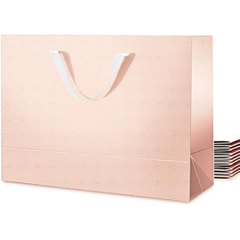 ROSEGLD 12 Extra Large Gift Bags with Handles 16x6x12 Inches Bridesmaid Proposal Gift Bags, Rose Gold Gift Bags Bulk for All Occasions Grain Texture Cover