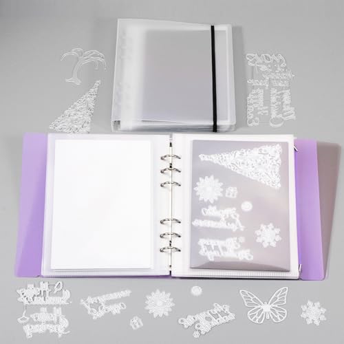 Image of UNIMEIX 24 Pcs Magnetic Sheets for Die Storage with Transparent and Purple Binder Covers, Stamp and Die Storage Pockets Storage for Card Making Supplies(0.8 mm Thickness)