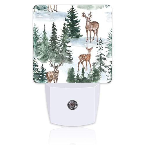 Image of Winter Deer and Snowy Forest Night Light for Kids,Christmas Pine Trees Deer Night Light Plug in with Dusk to Dawn Sensor,0.5w Energy Saving Nightlight for Hallway Stairway Kitchen Bedroom