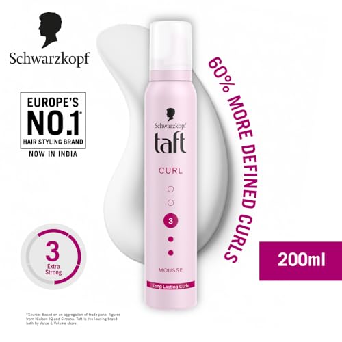 Image of TAFT Schwarzkopf Curl Hold 3 Hair Mousse, For Long Lasting Curls, Weather-Proof Formula With No Stickiness, Heat Protection And Shine, Silicone Free, Lightweight Styler To Controls Frizz, 200Ml