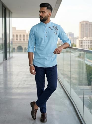 Image of DEEMOON Men's Full Sleeve Short Kurta Shirt with a Trendy Mandarin Collar Crafted from a Premium Cotton Blend for Comfort Ideal for Casual and Semi-Formal Occasions