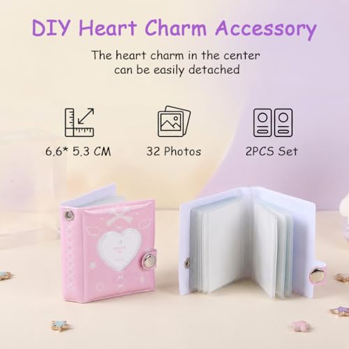 Image of HASTHIP Mini Photo Album Keychain Set of 2 Portable Photocard Binder Holders Mini Photos Book with Heart Charm for Travel and Daily Use