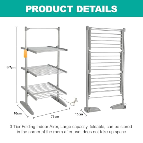 pealiritansemen Indoor Heated Clothes Airer, 3-Tier Electric Heated Clothes Airer Dryer, With Fabric Cover, Mesh Pad & Hanging Clip, For Drying Towels, Underwear, Pillowcases - Image 2