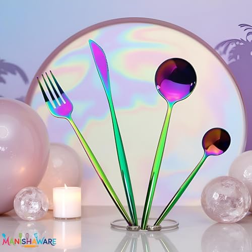 Image of Slim Handle Rainbow 4 Pcs Stainless Steel Cutlery Set for Dining Table, Dishwasher Safe Glossy Flatware (1 Spoon Set + 1 Forks Set + 1 Butter Knife + 1 Dessert Spoon)