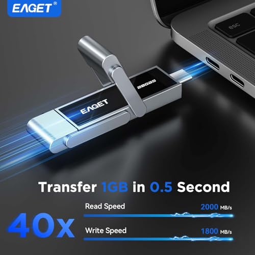 Image of EAGET 512GB High-Speed Dual USB Flash Drive, Up to 2100 MB /s, Portable SSD with USB 3.2 + USB-C, Metal Frame & Transparent Window Design, External Memory Stick for iPhone 15 /16 /17, Android, PC, Mac