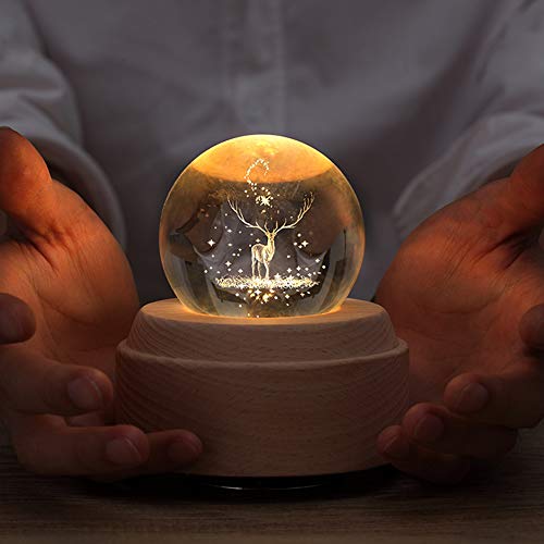 Fsigom Projection Led Light-3D Crystal Ball Music Box Luminous Rotating Musical Box-Wood Base Best Gift For 【Mother's Day Gift】 Birthday Christmas (Elk) #TOP1