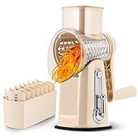 SUSTEAS Rotary Cheese Grater with Handle - Vegetable Shredder with 5 Well-designed Blades & Strong Suction Base,Round Mandoline Slicer & Food Chopper for Kitchen,with Blade Storage Box(Beige)