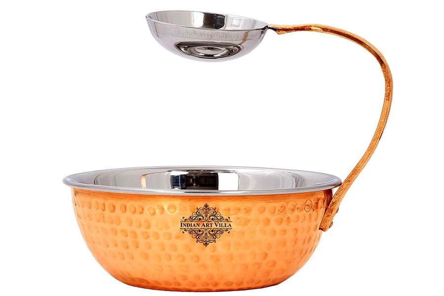 Indian Art Villa Steel Copper Bowl with Attach dip Bowl, Serveware & Tableware, Width- 6 Inches