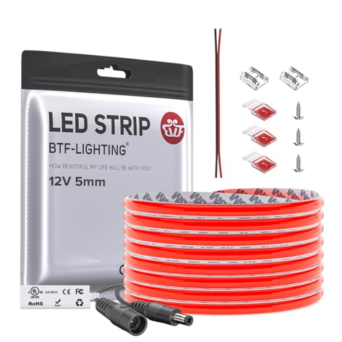 Image of BTF-LIGHTING FCOB COB LED Strip Red Color 5mm Width UL Listed Super Narrow Flexible Uniform Light DC12V 16.4FT CRI 90+ Dimmable LED Ribbon for Bedroom Home Indoor Decor(No Adapter or Controller)