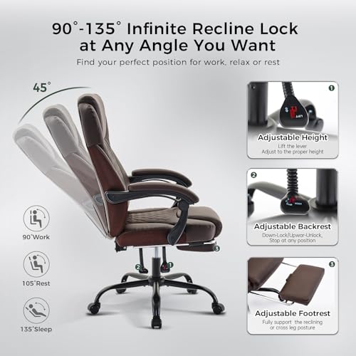 Image of amseatec Big and Tall Office Chair with Footrest, Lumbar Support, Brown