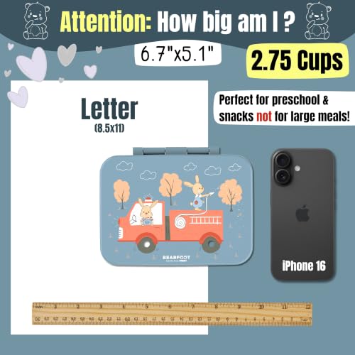 Image of BEARFOOT Kids Lunch Box with Compartments - Compact & Lightweight | Leak-Proof, BPA-Free, Dishwasher Safe | Hand-Drawn Design for Preschool, School, Travel (Firetruck Bunnies Blue, 2.75 Cups)