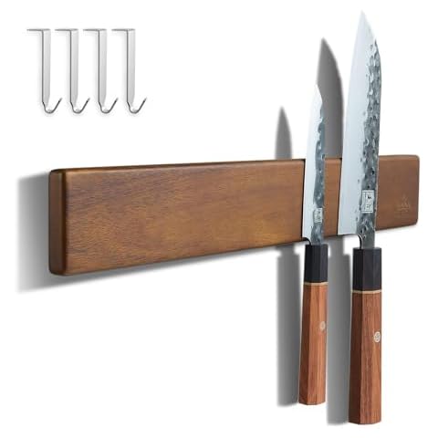ENOKING Knife Magnetic Strip, Magnetic Knife Holder for Wall 16 Inch, Powerful Magnetic Knife Strip Acacia Wood Magnetic Knife Holder for Refrigerator, Wall Mount Magnet Knife Bar with 4 Hooks Cover