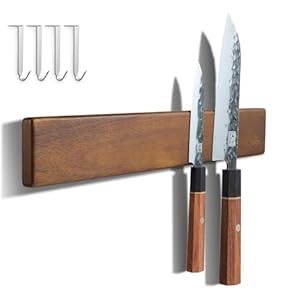 ENOKING Magnetic Knife Holder for Wall, Knife Magnetic Strip No Drilling 16 Inch, Powerful Kitchen Knife Magnetic Holder, Acacia Wood Knife Magnet for Kitchen Utensil Organizer with 4 Hooks