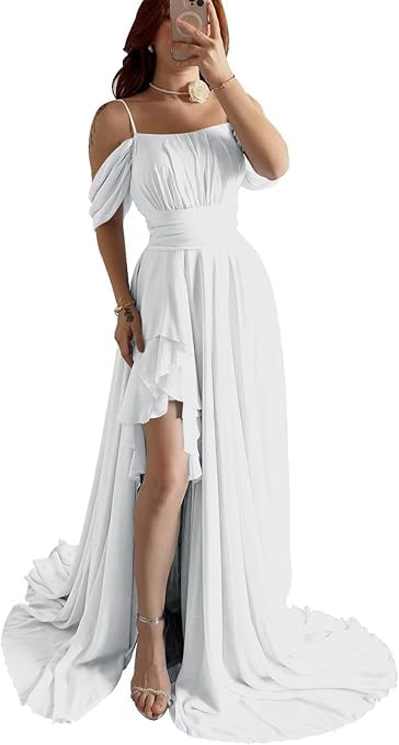 Vestidos de gasa con hombros descubiertos y abertura, vestidos largos de dama de honor, plisados, vestido de noche formal, blanco, XL