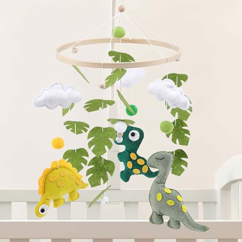 Welltop Baby Mobile for Crib, Handmade Jungle Boho Nursery Mobile, Felt & Bamboo, Dinosaur Clouds Leaf Bell, Unisex, Crib Mount