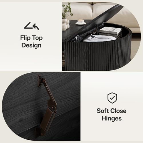 Image of Round Coffee Table with Storage, Mid Century Modern Coffee Table, Fluted Dining Table with Sliding Door, Circle Coffee Table for Living Room Home Office, 31.5 inch, Black