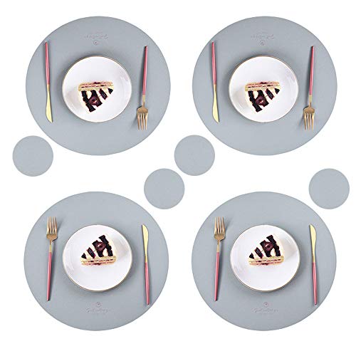 Eyands Set mit 4 runden Tischsets und Untersetzern, Kunstleder, wasserdicht, leicht abwischbar, für Küche, Esszimmer, runder Tisch (grau) Cover