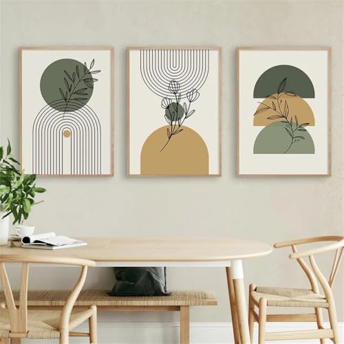 Impresiones Lienzo-3 Piezas-Póster Abstracto Hojas Geométricas Estilo Bohemio Verde Beige Mediados Siglo Pared Lienzo Impresiones Imágenes Sala Estar Interior Decoración Hogar-30*50cm(sin marco)