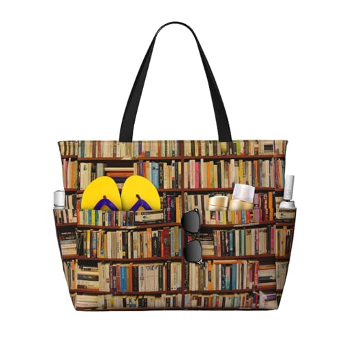Neat Bookshelf Print Large Capacity Beach Travel Bag For Family, Beach Tote Bag For Women With Zipper Pockets