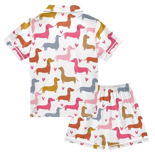 ALAZA Dachshund Dog Love Heart Cute Satin Pajamas Set Short Sleeve Button Down Sleepwear Summer Pjs 2 Piece2