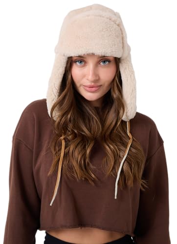 Image of Leather Aviator Shearling Ushanka Trapper Hat Russian Sheepskin Cap Real Fur Winter Hat with Ear Flaps for Men Women