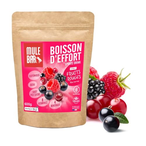 MULEBAR - Bebida energética en polvo - Frutos rojos - Bebida isotónica - Antioxidante - 8 vitaminas - 4 minerales - Fácil de digerir - Fabricado en Francia - 600 g