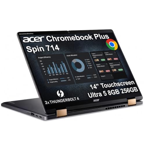 Image of Acer Chromebook Plus Spin 714 14 inch 2-in-1, Ultra 5 115U, 8GB DDR5, 256GB SSD | FHD+ Touchscreen Laptop, 2x Thunderbolt 4, Intel 8-Core, Convertible for Business, Students, Backlit, Gemini AI, Chrome OS
