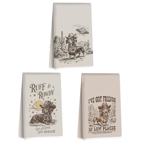 Image of 3 Pcs Western Dachshund Kitchen Towels 24x14 Inch, Preppy Cowboy Dachshund Gifts Reusable Dish Towels for Kitchen Decor, Waffle Weave Absorbent Hand Cloth Tea Towel, Weiner Dog Gifts for Women Friend