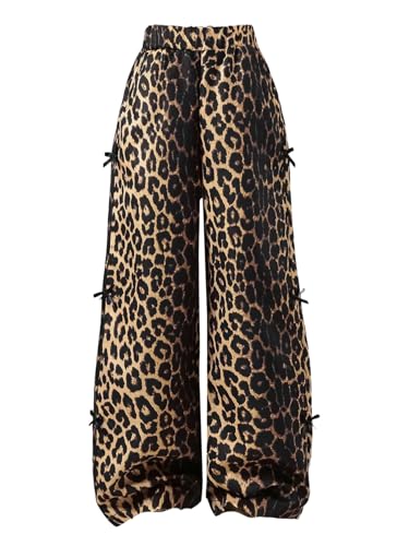 Floerns Girl's Leopard Bowknot Pants Y2K High Waisted Wide Leg Baggy Track Pants