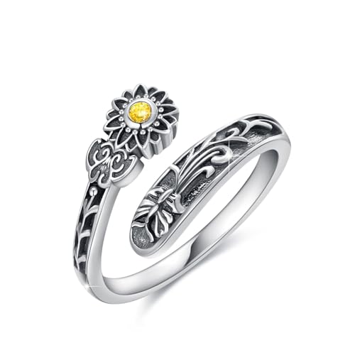 Bague tournesol vintage en argent, le cadeau idéal ajustable avec zircon brillant