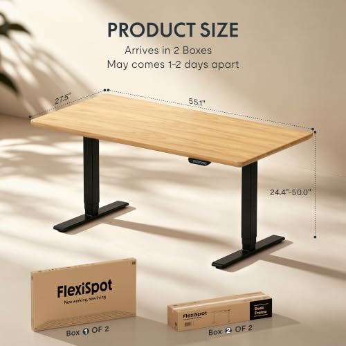 Image of FLEXISPOT E6 MAX Solid White Oak Wood Standing Desk 55 inchx28 inch, Solid Hardwood Ergonomic Beveled Desktop, Dual Motor 3-Stage Sit Stand Desk, Heavy-Duty Workstation Supports Up to 352 lbs (Black Frame)
