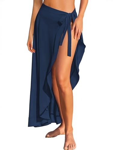 AI'MAGE Women Sarong Ruffle Tie Swimsuit Cover Up Skirt Chiffon Beach Wrap Long Sheer Bathing Suit Cover Ups Navy