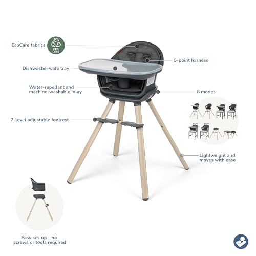Image of Maxi-Cosi Moa 8-in-1 High Chairs for Babies and Toddlers, Machine Washable Infant High Chair, Compact, Convertible High Chair Lightweight Design, Classic Graphite
