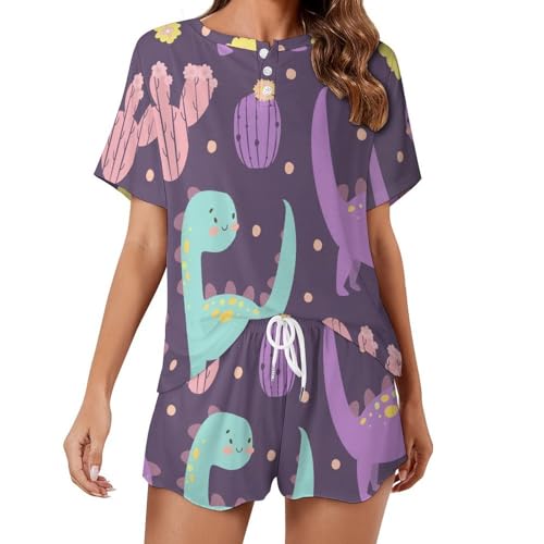 Pyjama femme manches courtes ensemble de pyjama ete sleepwear cactus dinosaure