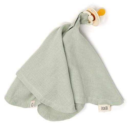 Indi by Kishu Baby - Organic Paci Blanket - Fairtrade & GOTS Certified 100% Organic Cotton Muslin Mini Baby Blanket with Snap to Secure Baby Pacifier - Pacifier Not Included (Sage)