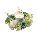 2 Pcs Artificial Rose and Hydrangea Candle Rings Wreaths 3 Inch Center, Fake Silk Flowers Small Wreath for Easter Spring Summer Wedding Party Home Table Centerpieces Decor (Green)
