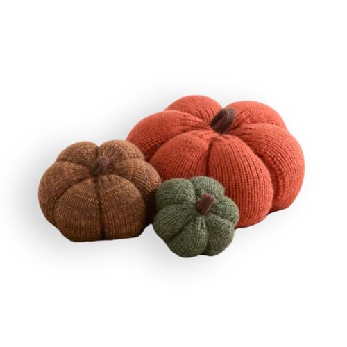 Image of Set of 3 Multi-size Cozy Knit Pumpkins (Orange Large Multi-size set) | Fall Home decor, Shelf sitters, Bowl fillers, Gift for Friend