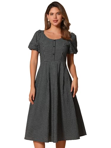 Image of Allegra K Plaid Dress for Women Summer Smocked Back Round Neck Puff Short Sleeve Flowy Midi Dresses