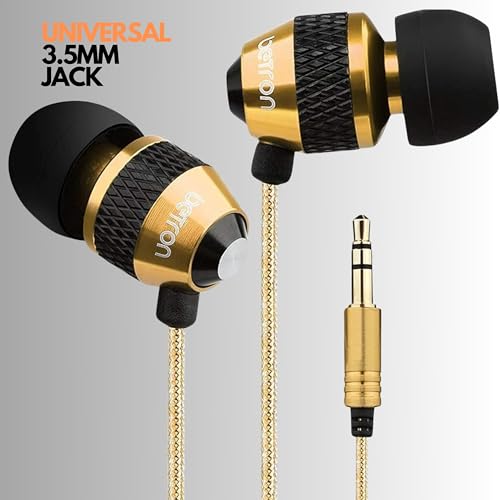 Image of Betron B25 Earphones, Noise Isolating in-Ear Wired Headphones with Strong Bass, Tangle-Free Cord, Lightweight, Carry Case and Soft Earbud Tips, Gold