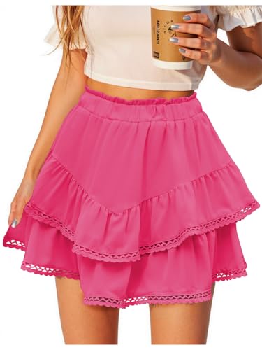 American Trends Falda pantalón corto para mujer, elegante, casual, fluido, estilo bohemio, con volantes, cintura alta, minifalda de tenis y golf, Rosa encendido, XXL