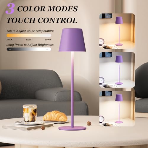 Image of Kakanuo Cordless Table Lamp Rechargeable Purple - KK 2 Pack 5000mAH Battery Operated Lamp for Counter, 3 Color Stepless Dimming Wireless Lamp for Dining Kitchen, Outdoor Patio, Touch Control
